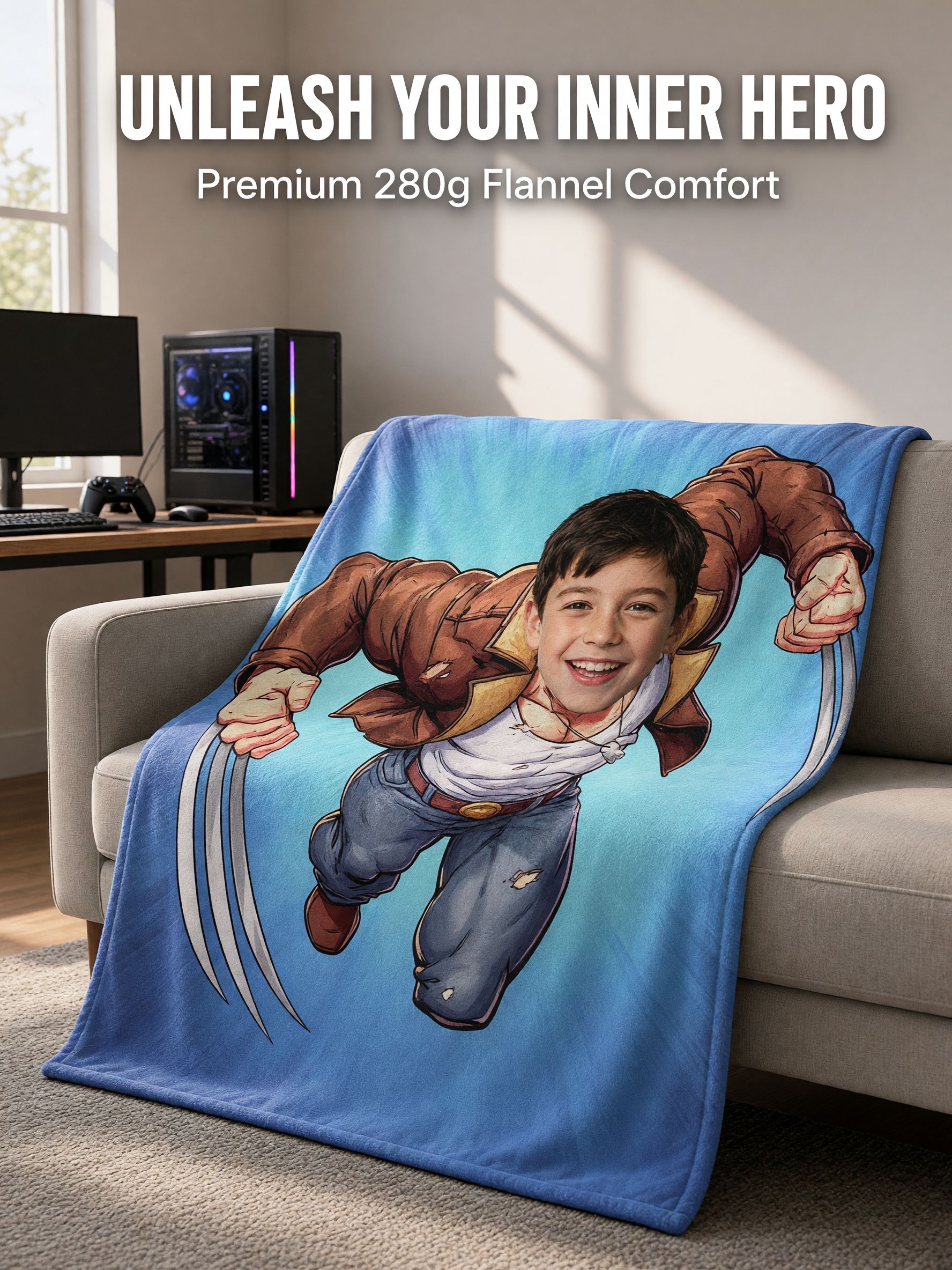 Personalized Face Superhero Comic Flannel Blanket Custom Photo Throw Ultra Soft Anti Pilling Fleece Cozy Gift for Kids