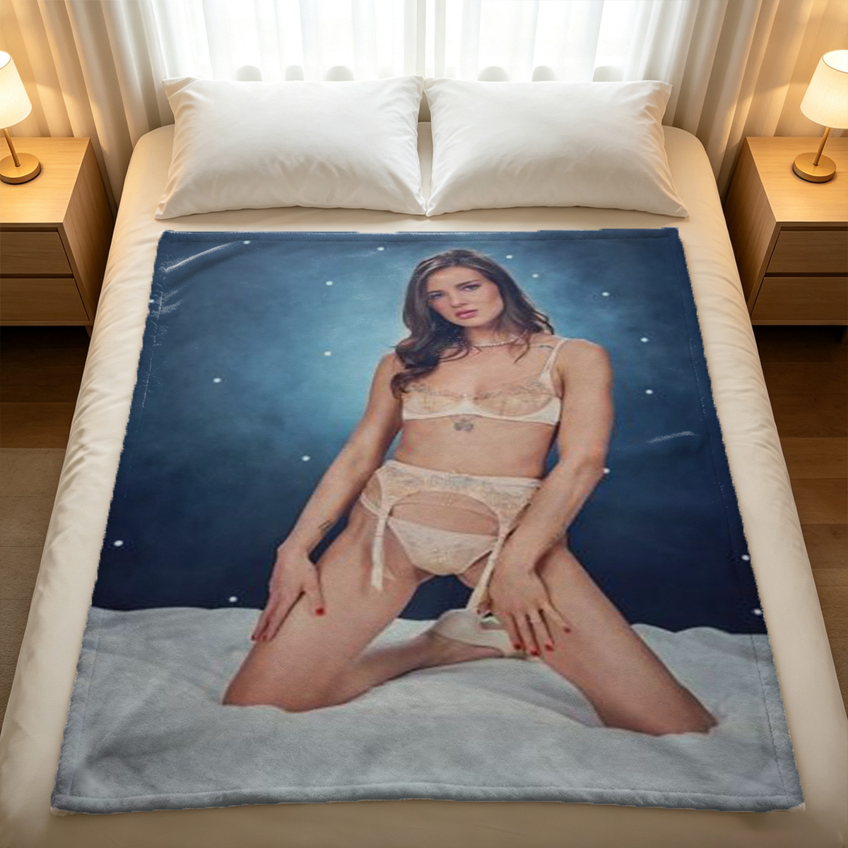 Emma Watson in white lingerie on orange couch - Blanket