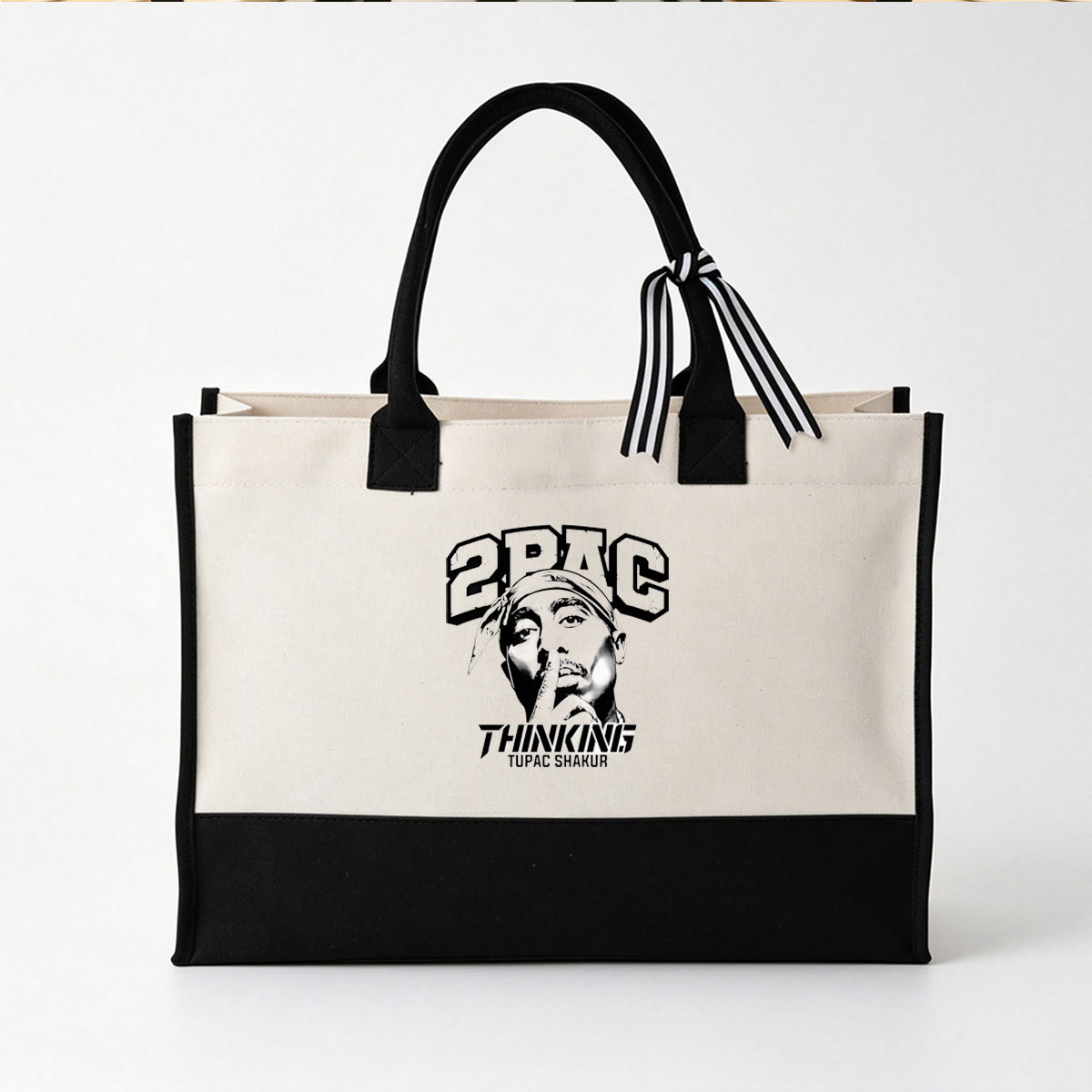 2Pac Thinking: Tupac Shakur Portrait - Canvas patchwork gift tote bag