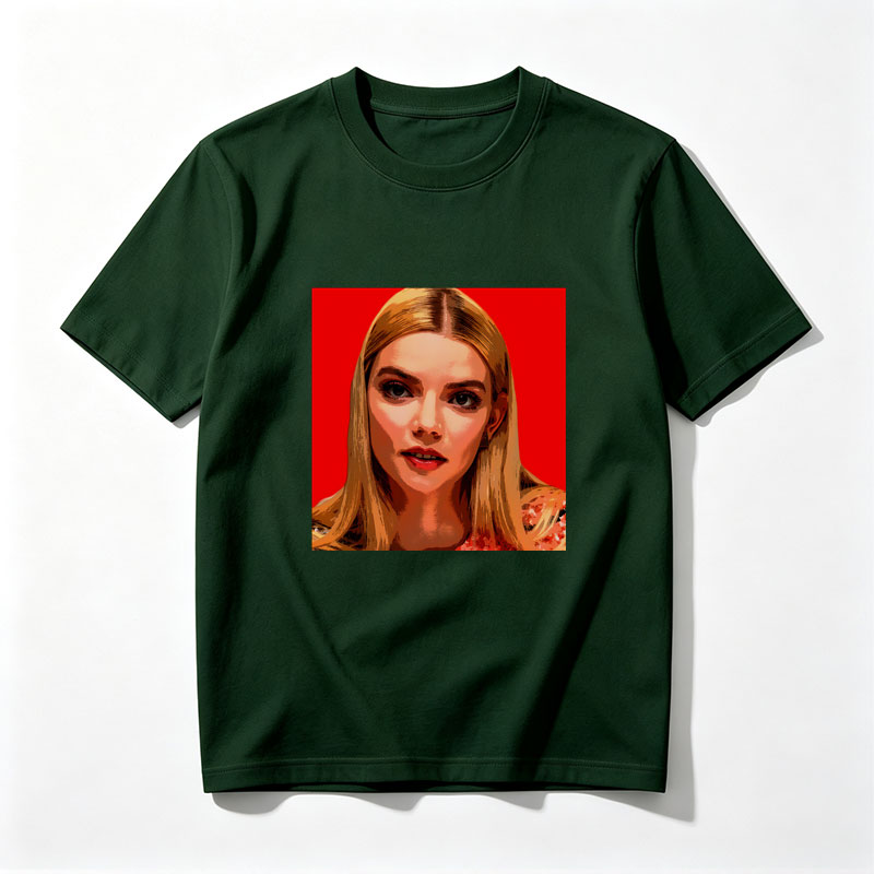 Anya Taylor-Joy in a stylized portrait with bold red background - Tee