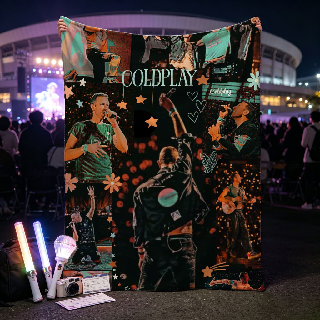 Coldplay Live Performance Collage Featuring Dynamic Concert Moments and Band Members on Stage - Blankets