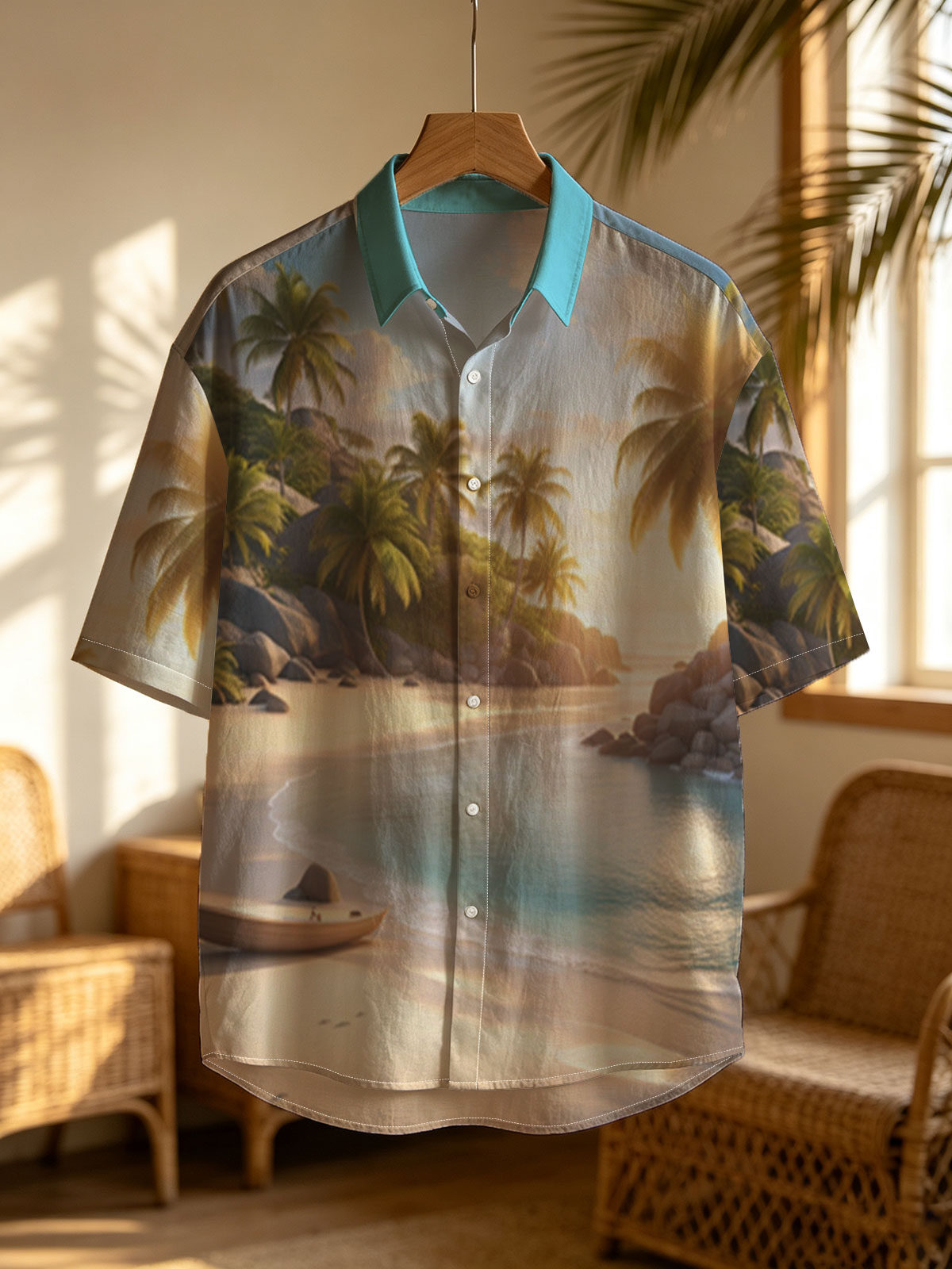 Serene Tropical Beach at Sunset with Palm Trees and Calm Waters -  Shirt