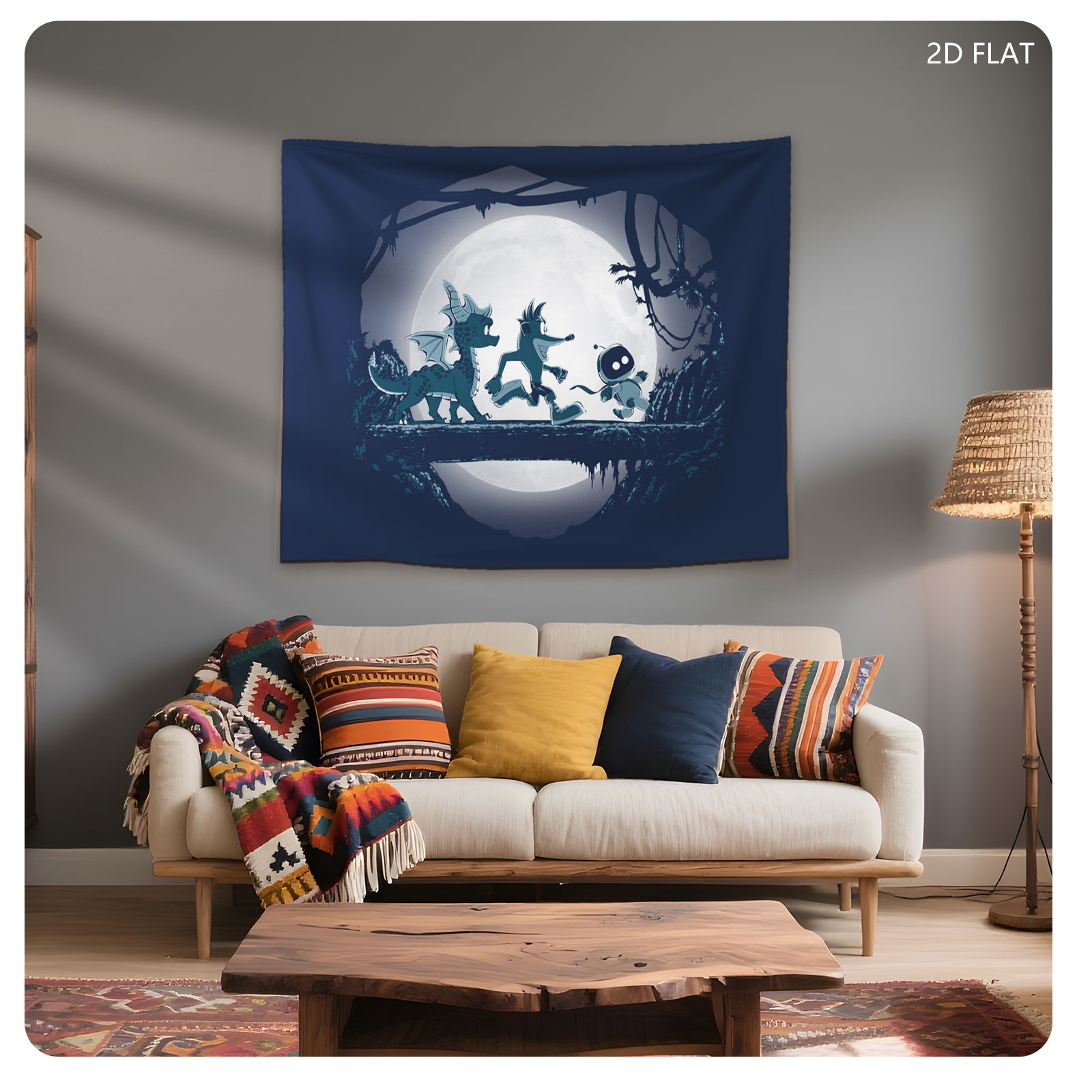 Night Run: Dragon, Wolf, and Robot Under Full Moon - Tapestry