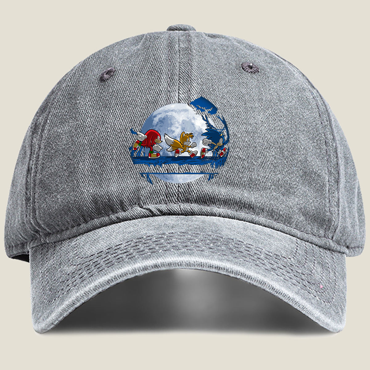 Sonic, Tails, and Knuckles Running Under the Moon - Washed Denim - Baseball Cap