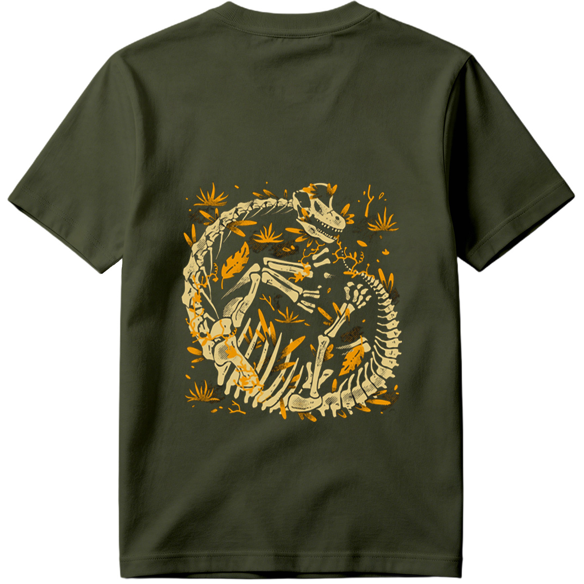 Dinosaur Skeleton in Circular Pose with Foliage - Tee