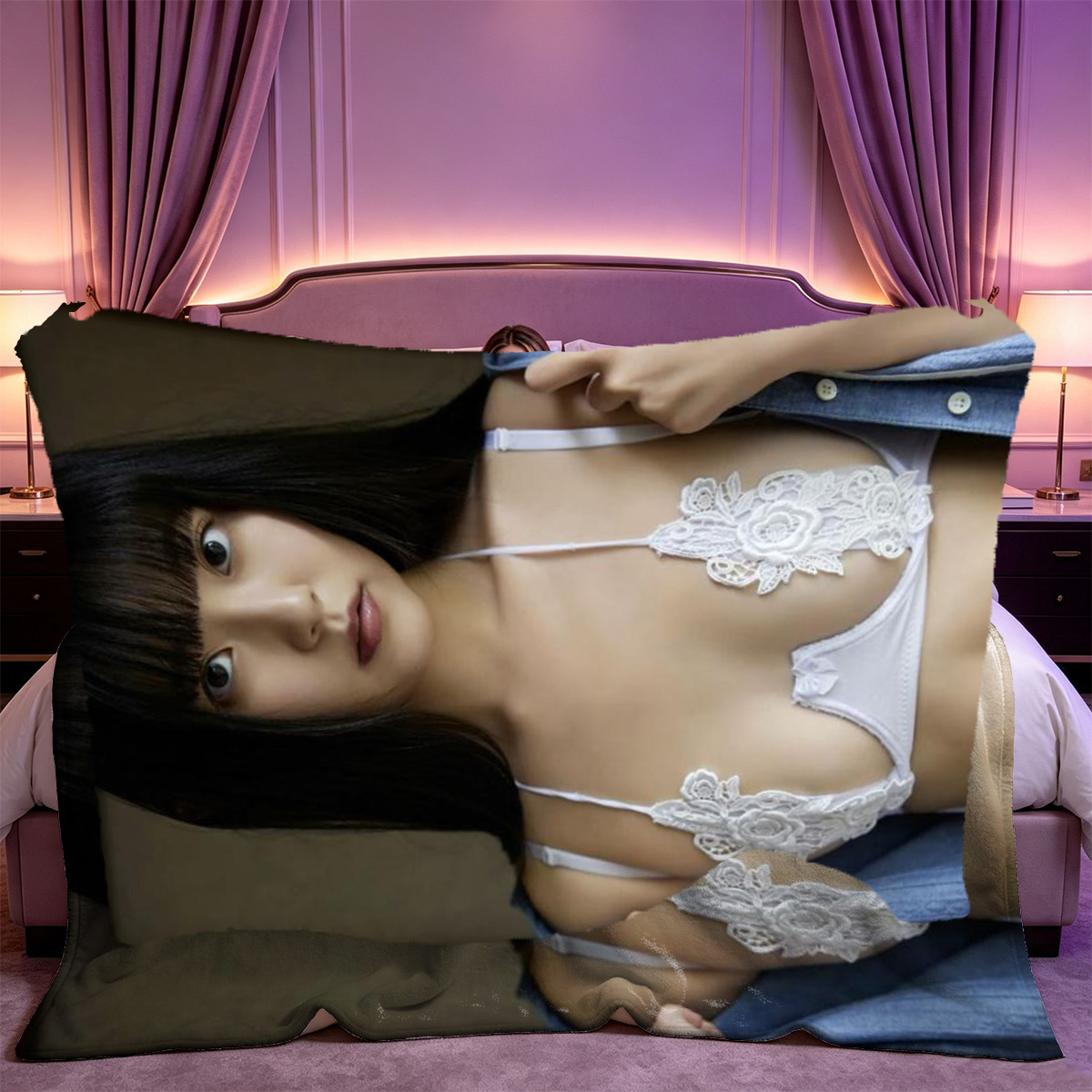 Nude woman with long hair posing on bed in hotel room, wearing black thigh harness. - Blanket