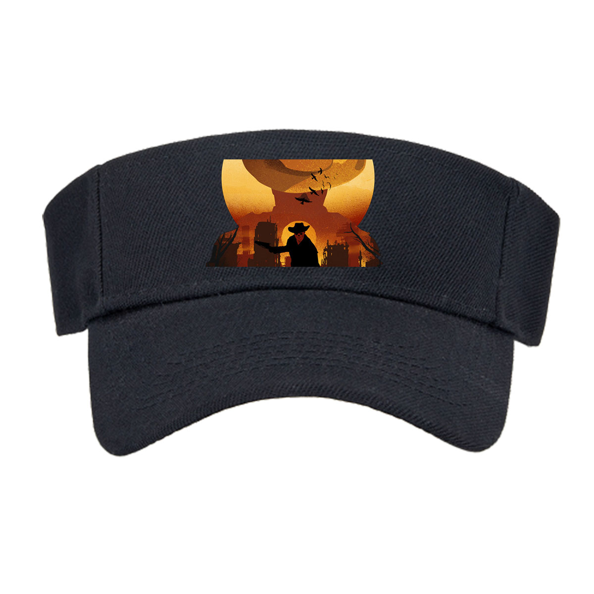 Cowboy Silhouette Against Sunset with Giant Hat and Birds in Sky -  Visor cap
