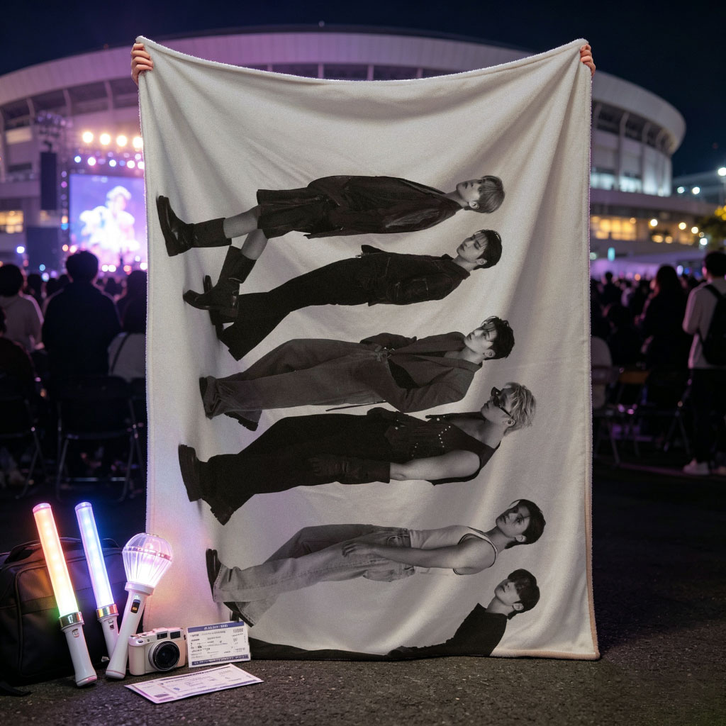 BTS Members in a Stacked Pose Against a Minimalist Background - Blankets
