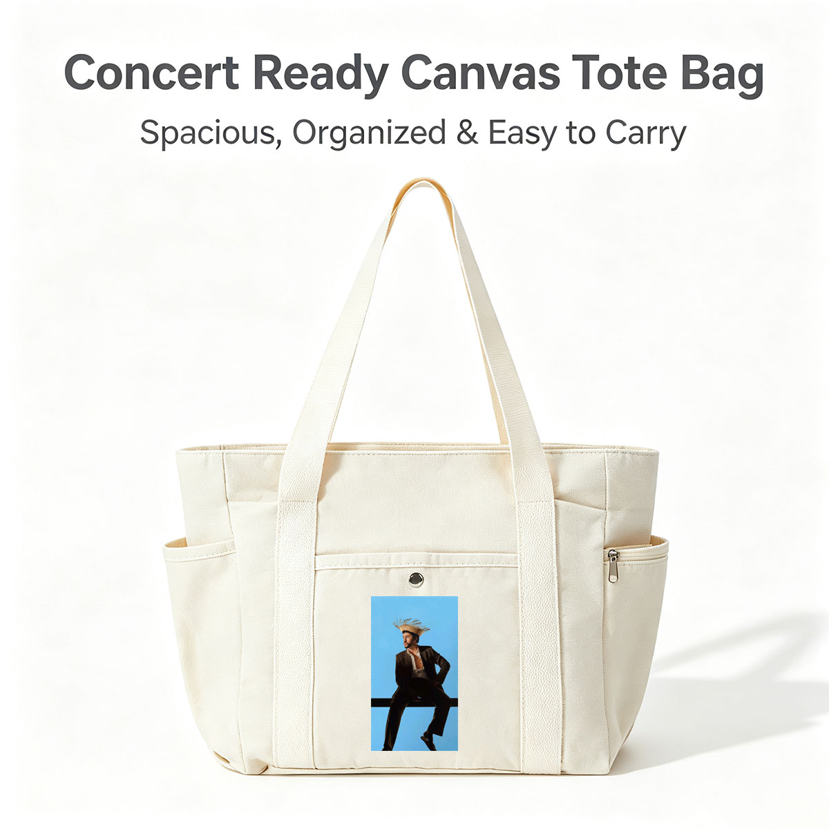 Bad Bunny in a Bold Fashion Statement Wearing a Straw Hat and Suit Against a Blue Background - Multi-pocket bags