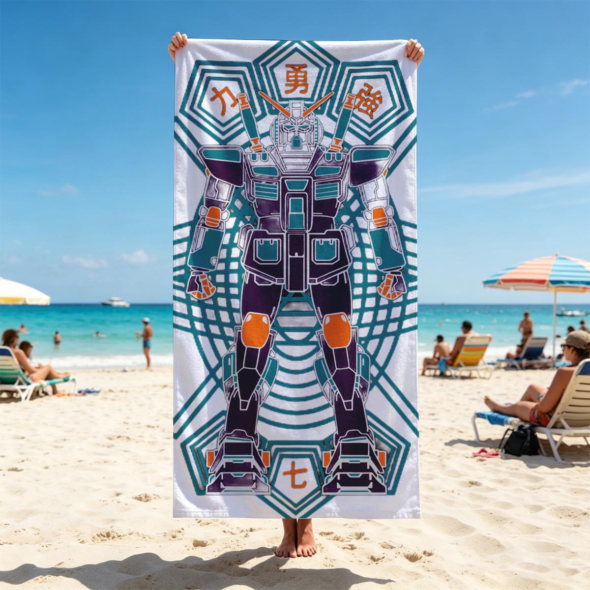 Gundam Warrior Robot with Chinese Characters and Geometric Design - Beach towels