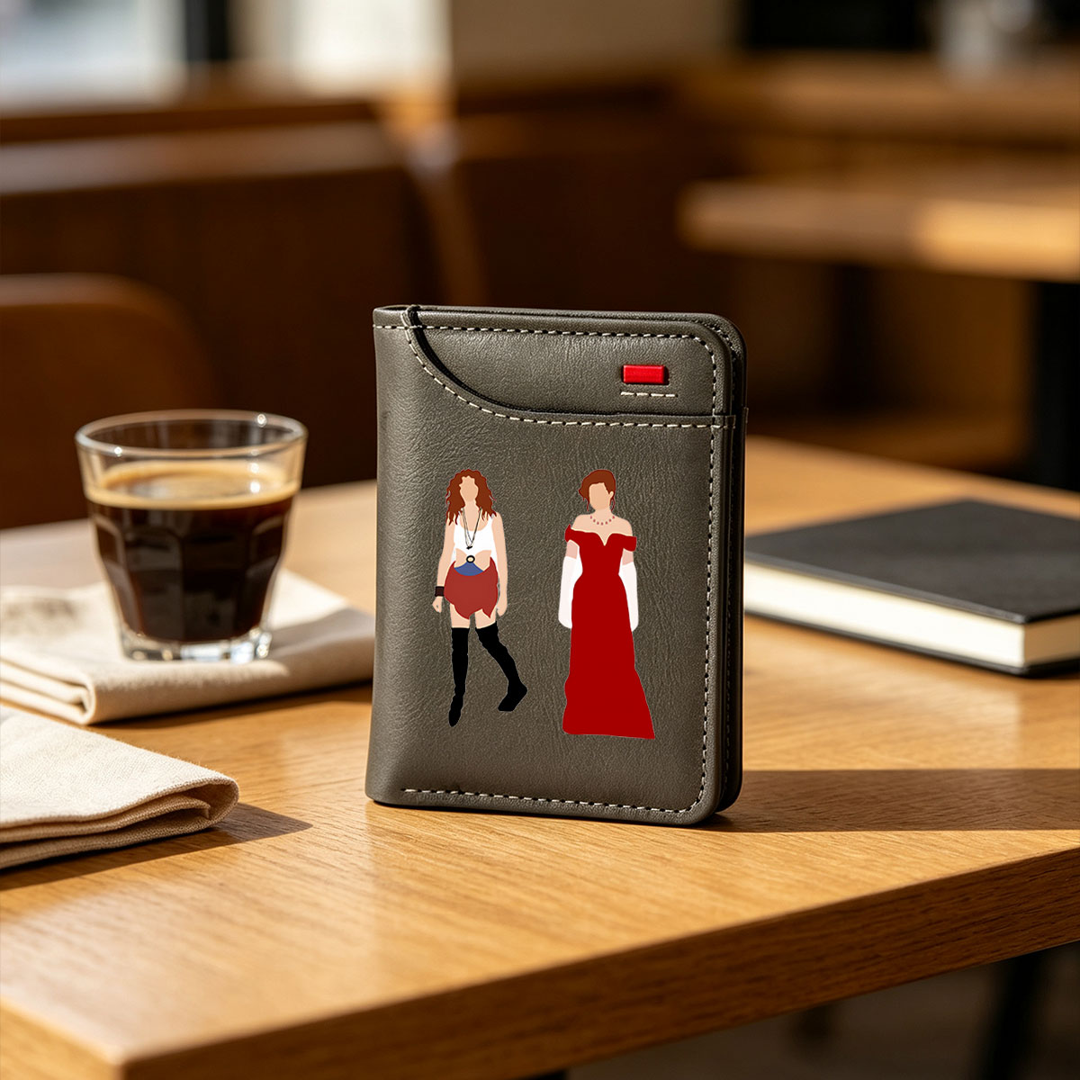 Two Women in Red Outfits: One in Casual Wear, One in Formal Gown - Vertical Style Wallet