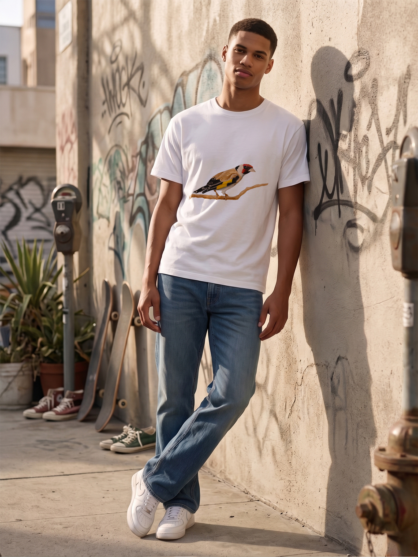Men's Printed T-Shirt with European Goldfinch Bird Design, Casual Round Neck Lightweight Breathable Summer Short Sleeve Tee for Nature Lovers and Outdoor Enthusiasts