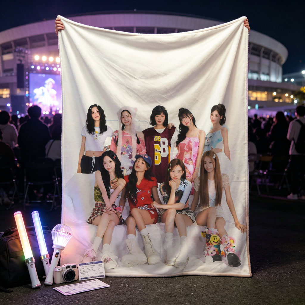 K-pop Girl Group in Casual Outfits Posed on White Background - Blankets