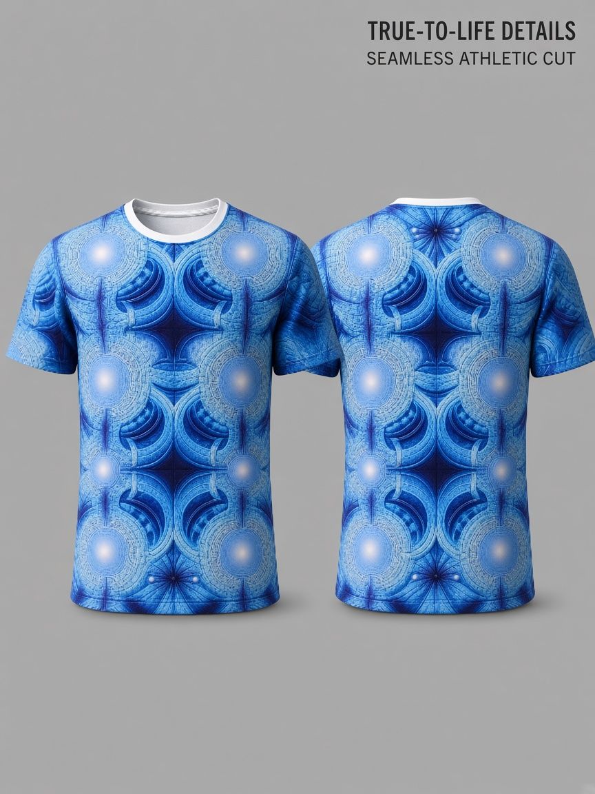 Blue Fractal Mandala 3D Optical Illusion Graphic Tee Breathable Athletic Mesh T-Shirt Casual and Sports Wear