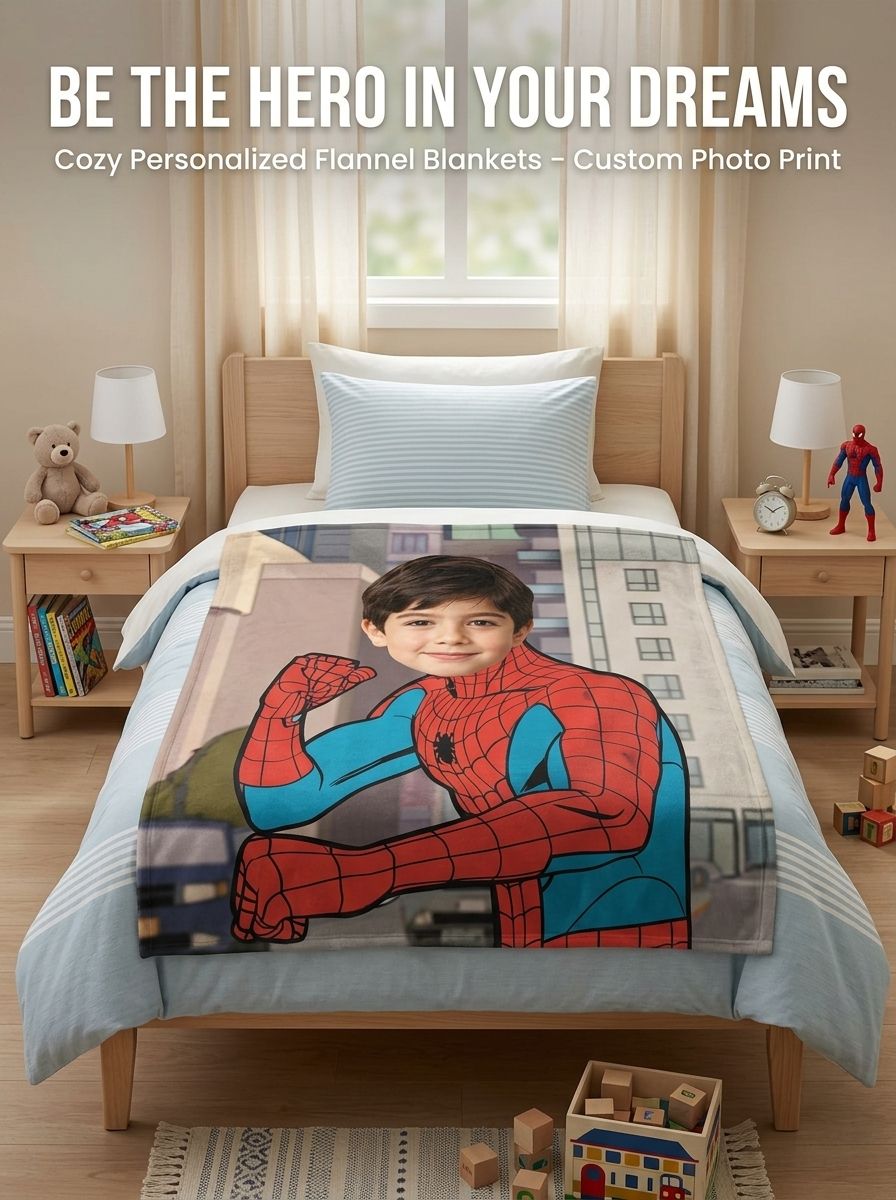 Custom Photo Face Blanket Superhero Flannel Throw Personalized Comic Portrait Fleece Bedding Gift for Kids and Family