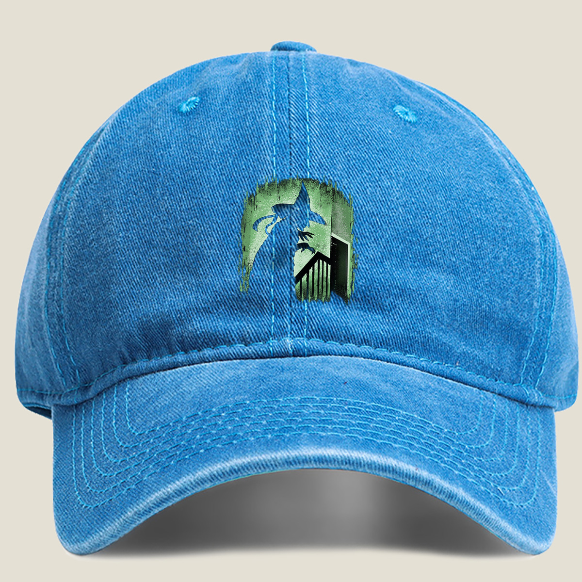 Witch Silhouette in Green Glow - Washed Denim - Baseball Cap