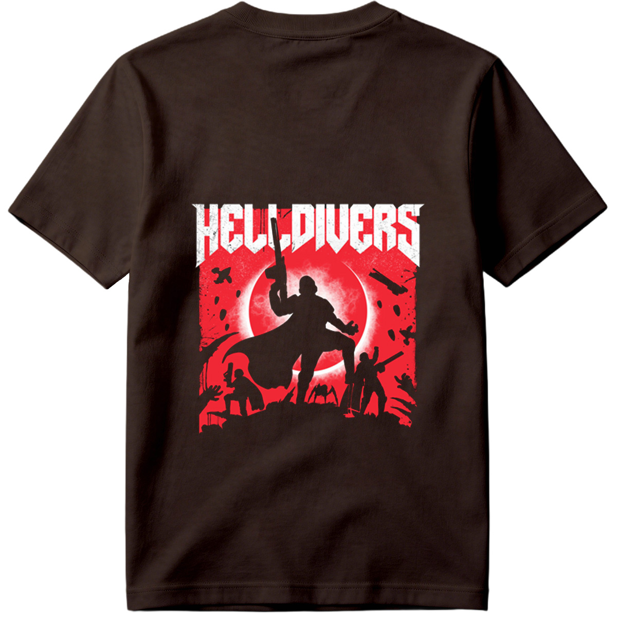 Helldivers: Silhouetted Warriors Against a Crimson Sky - Tee