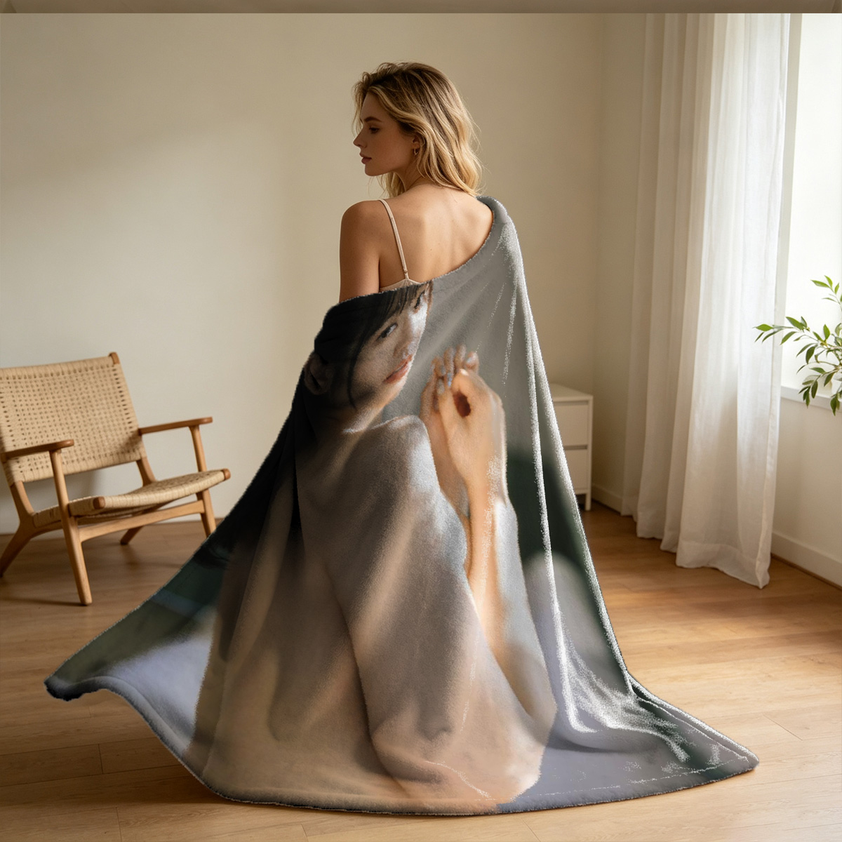 Nude blonde leaning on table by window, looking back (MetArt) - Blanket