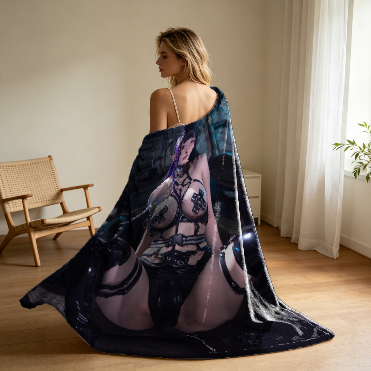 Pink Lingerie Seduction on Velvet Ottoman - Blanket