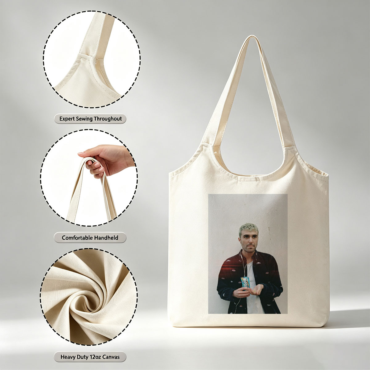 Lauv Standing Against White Wall Holding Candy Bar with Earphones - Canvas shoulder bags/