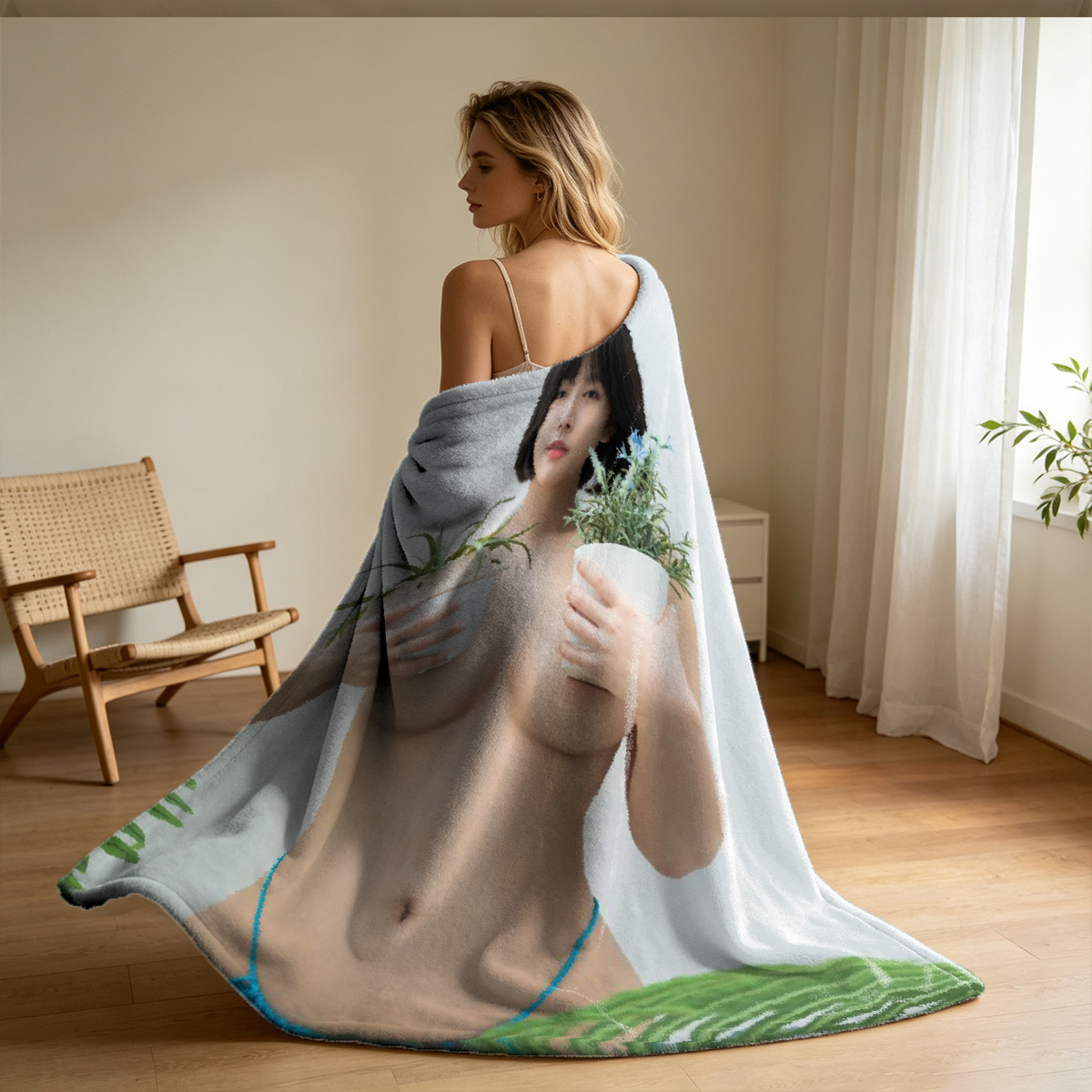 Nude Brunette Kneeling on Table - Blanket