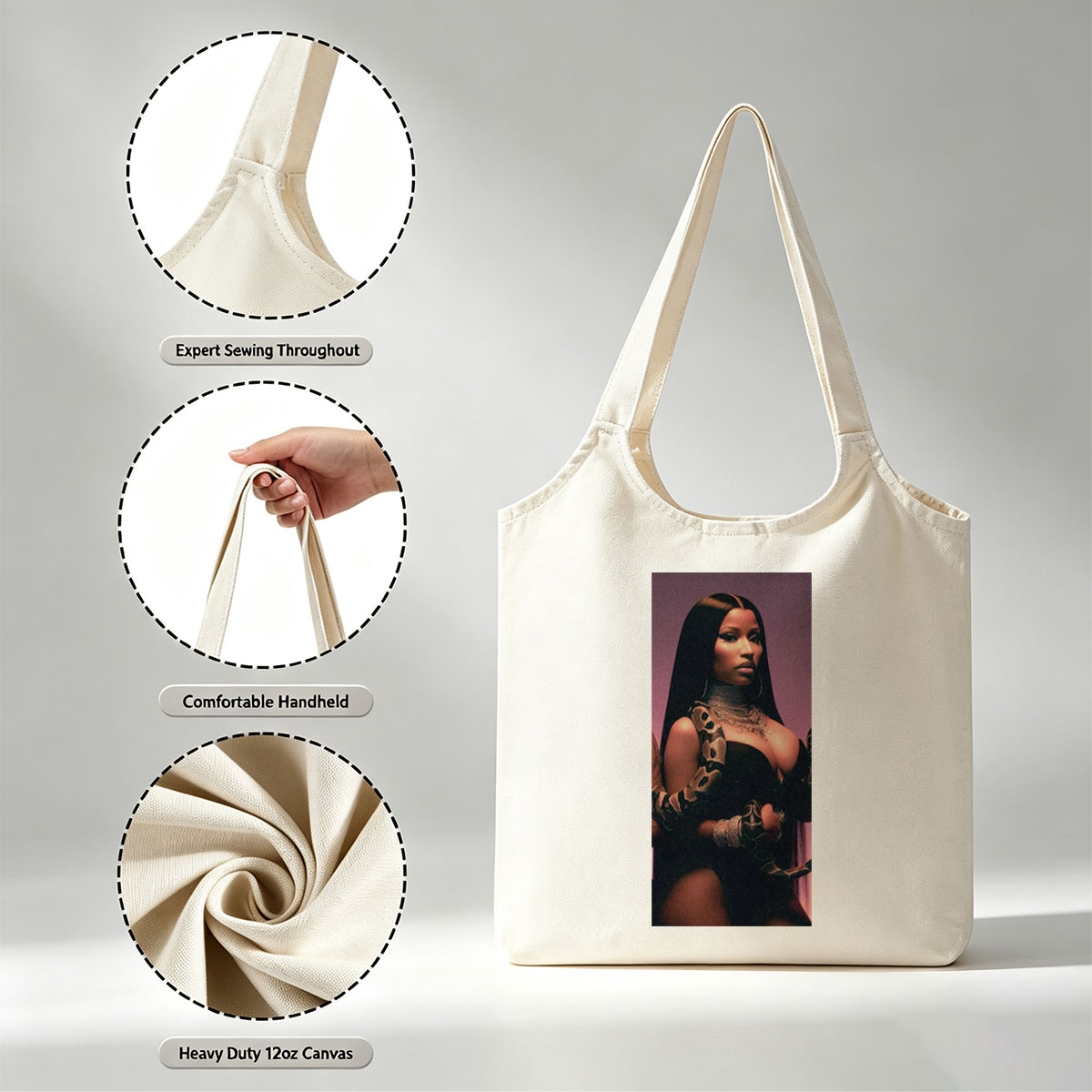 Nicki Minaj in a Dramatic Pose with a Snake Wrapped Around Her Arm and Neck, Wearing a Black Outfit and Heavy Jewelry - Canvas shoulder bags/