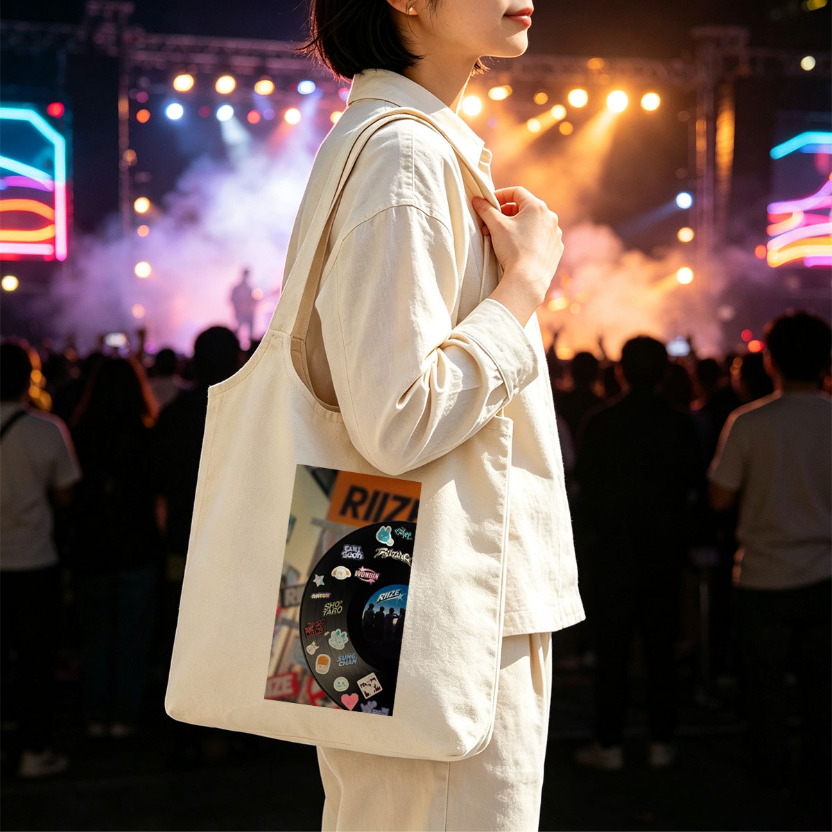 RIIZE Vinyl Record with Member Stickers and Band Logo Displayed in Store Window - Canvas shoulder bags/