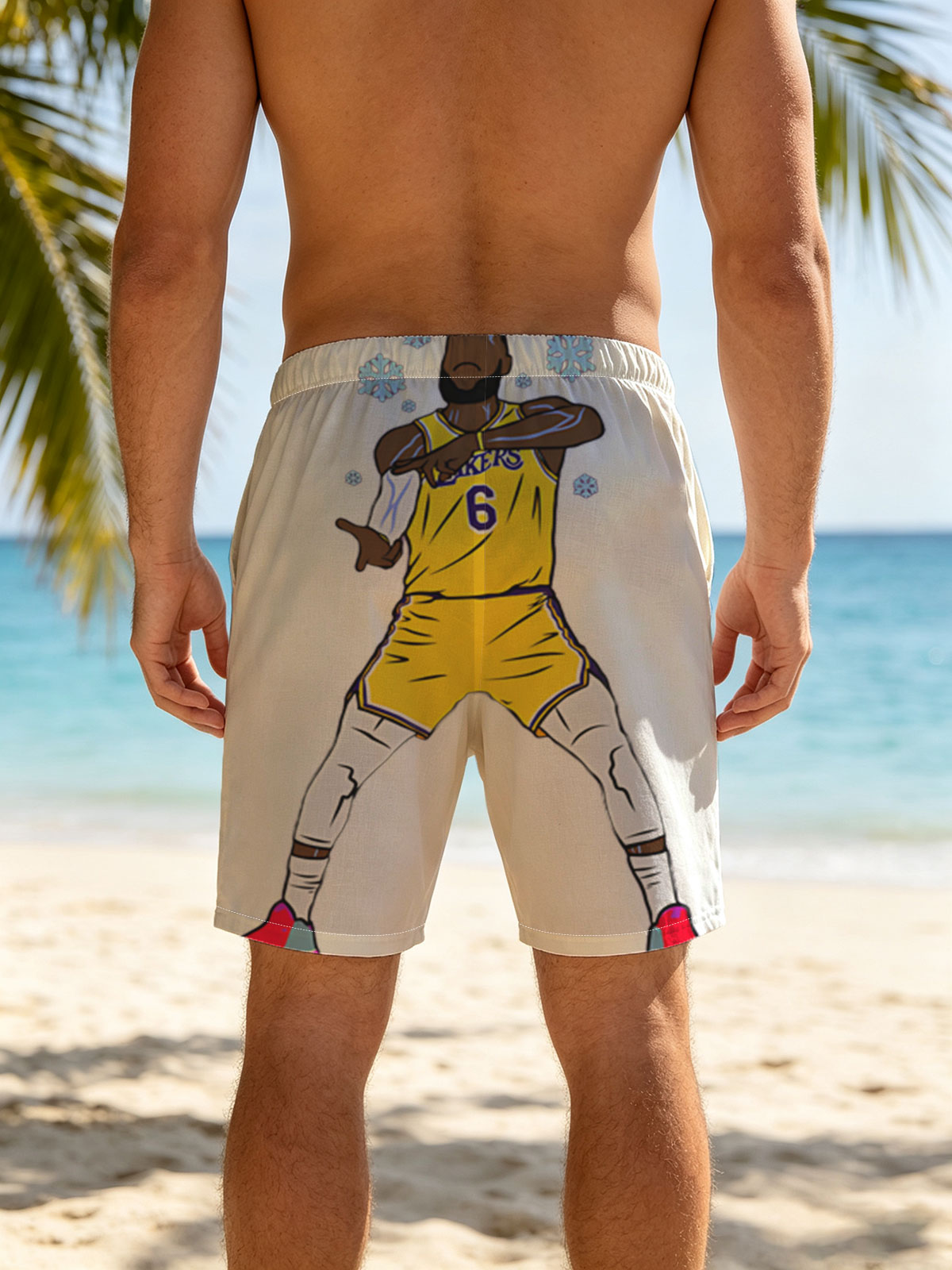 LeBron James in Lakers Jersey Dabbing with Snowflakes -  Beach shorts