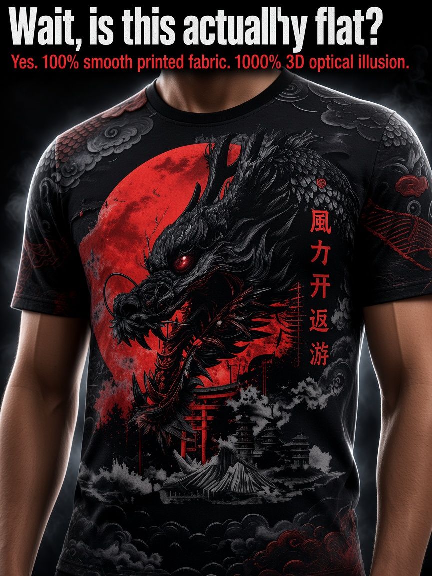 Japanese Dragon 3D Optical Illusion Graphic Tee Breathable Athletic Mesh T-Shirt for Casual and Sports Wear