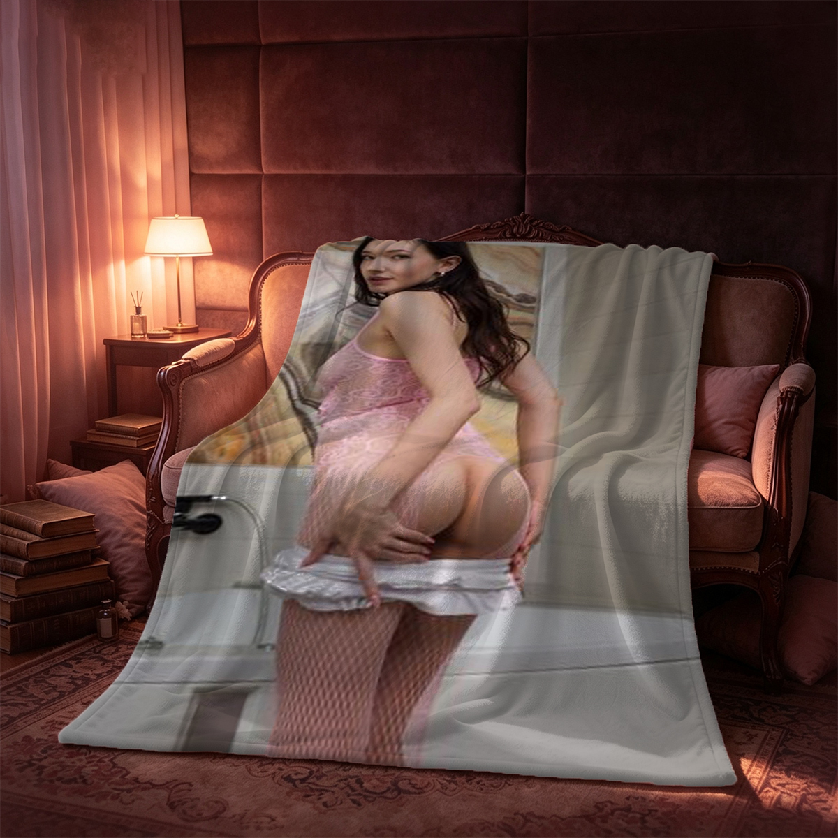 Emma Watson in pink lace lingerie posing seductively on a couch. - Blanket