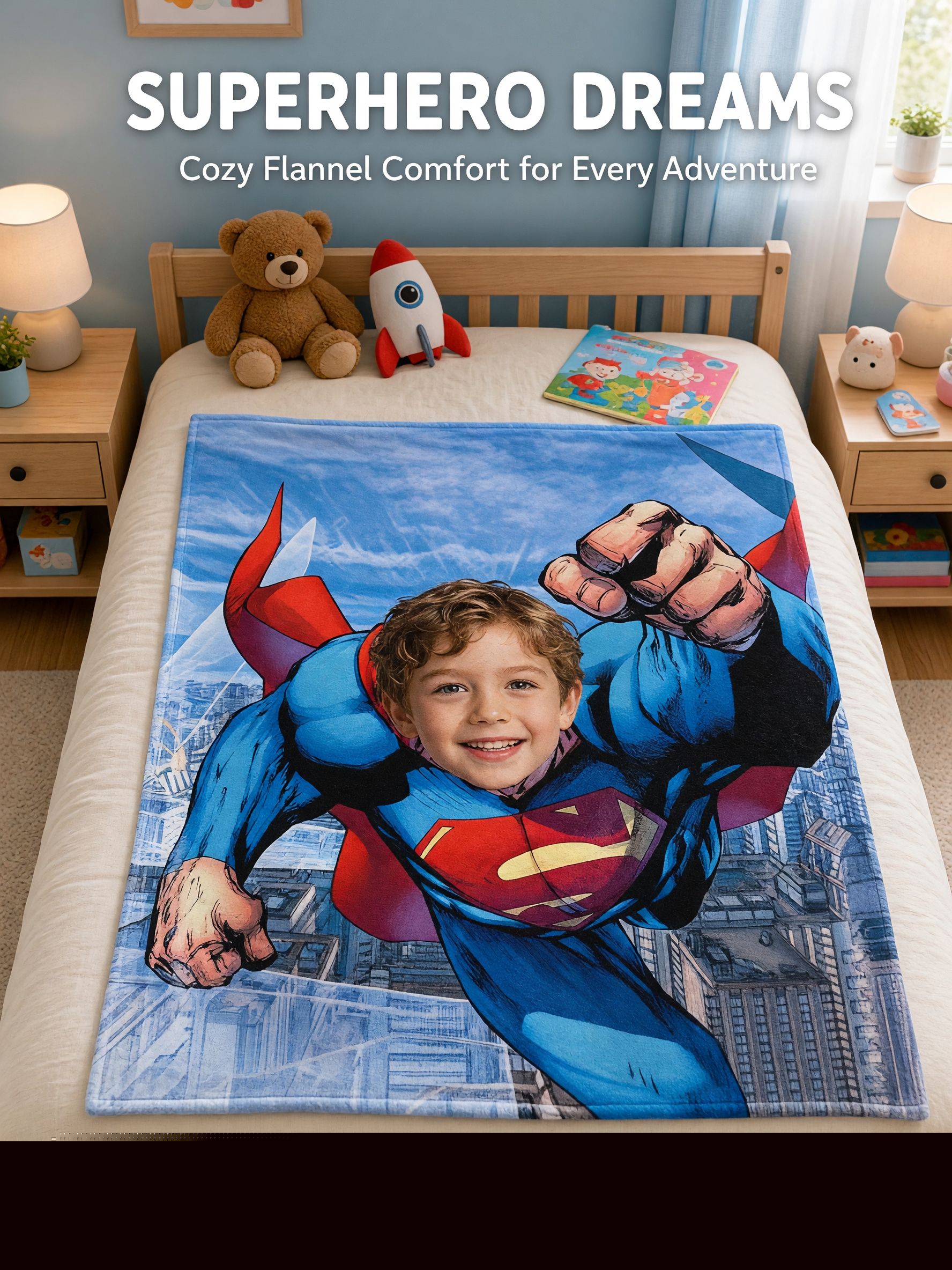 Personalized Superhero Photo Face Flannel Blanket Custom Cozy Fleece Throw Keepsake Gift for Kids and Family