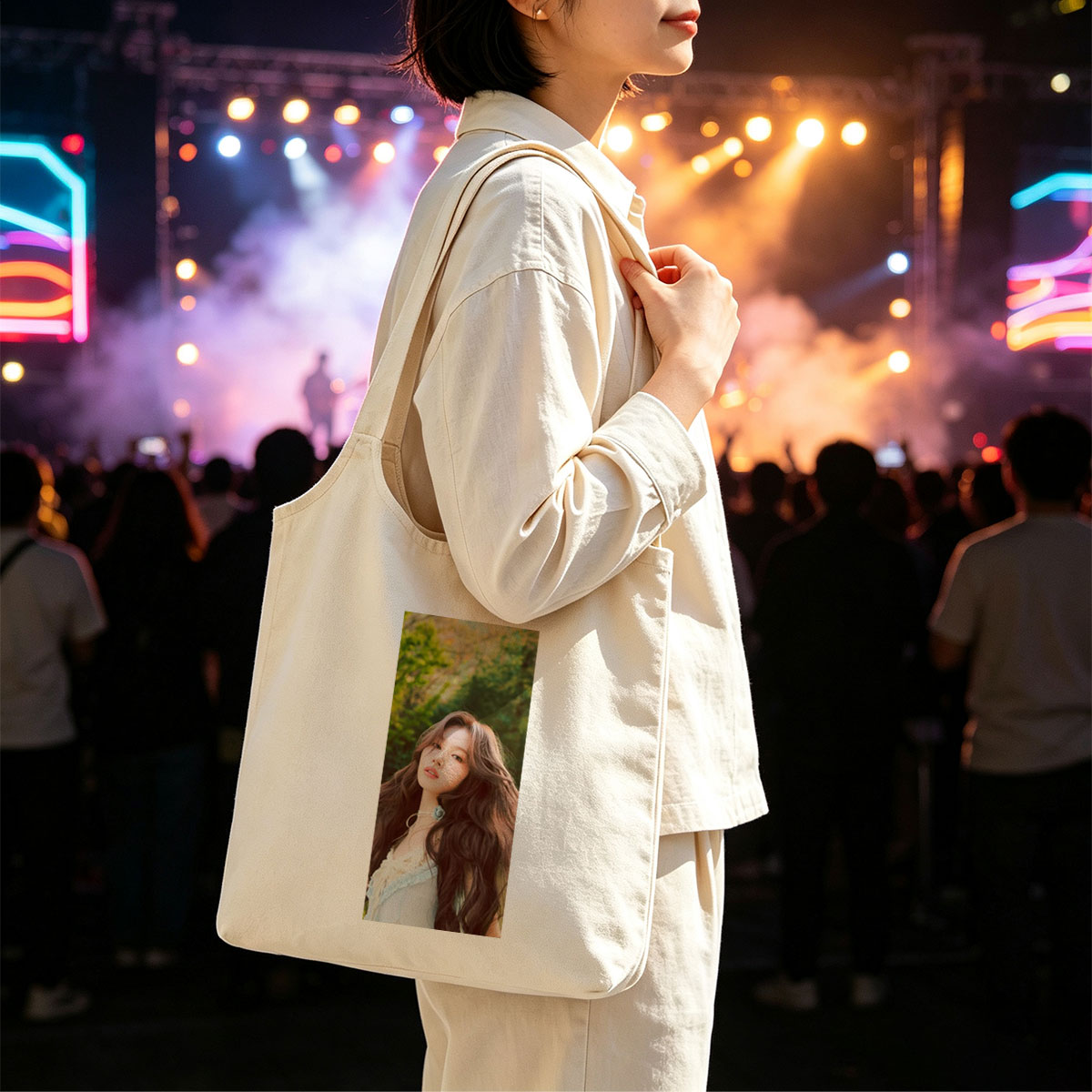 KARINA of Aespa in a Serene Forest Setting Wearing a Delicate White Outfit with Flowing Hair - Canvas shoulder bags/