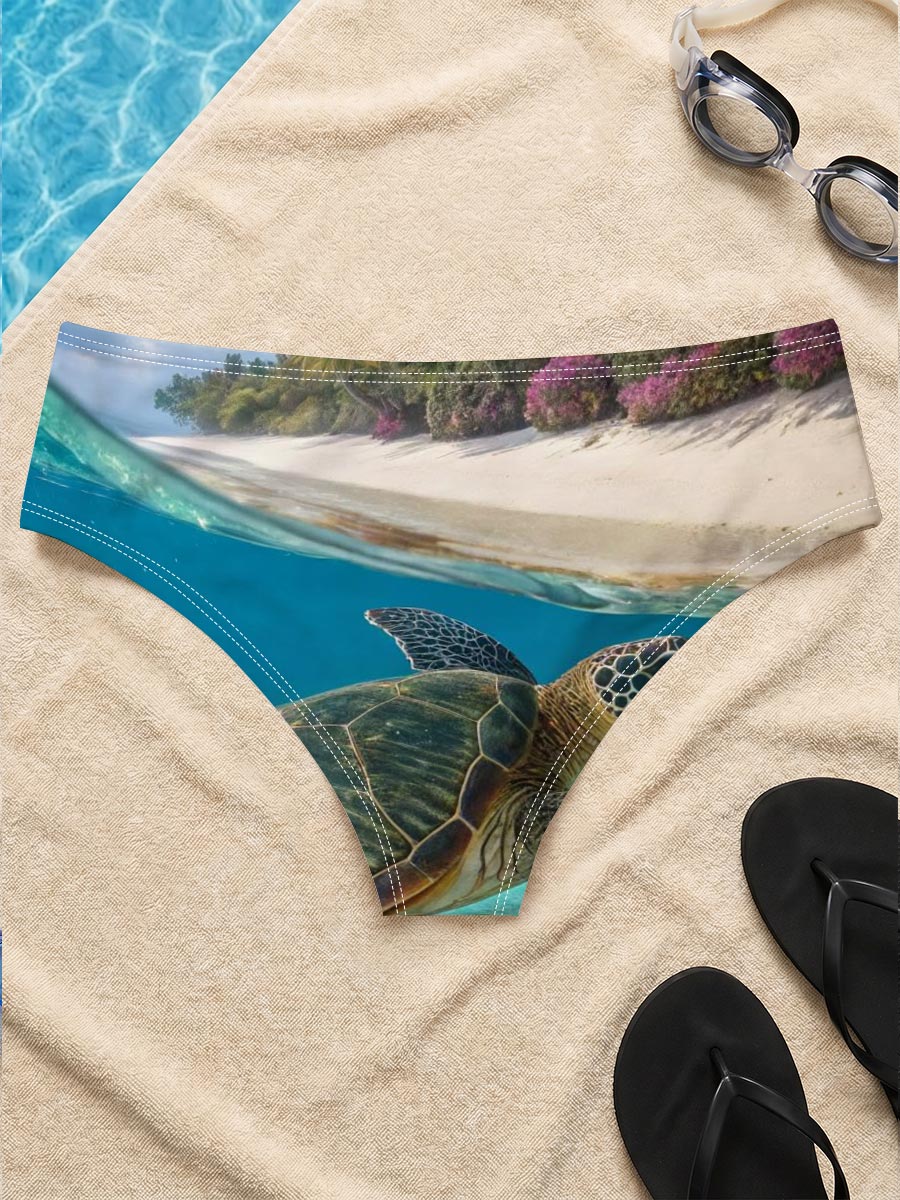 Sea Turtle Swims Near Coral Reef and Tropical Beach -  Men's swim trunks