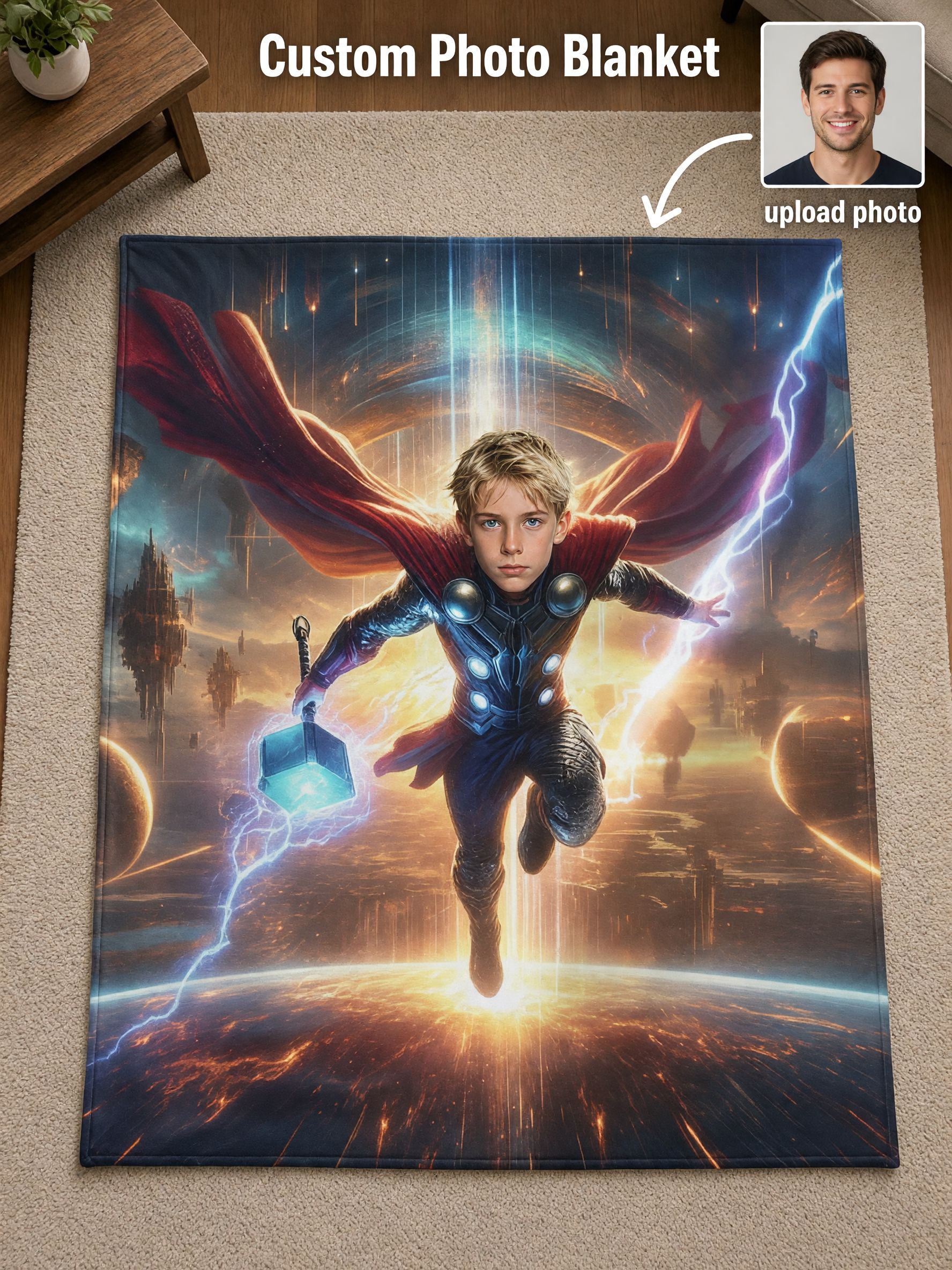Personalized Superhero Face Photo Flannel Throw Blanket Ultra Soft Cozy Fleece Bedding Custom Gift