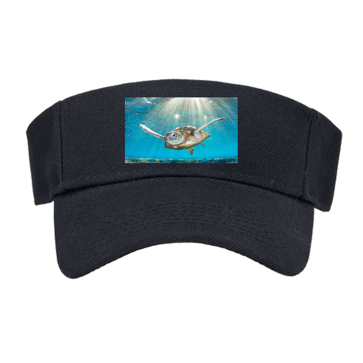 Sea turtle glides through sunlit coral reef -  Visor cap