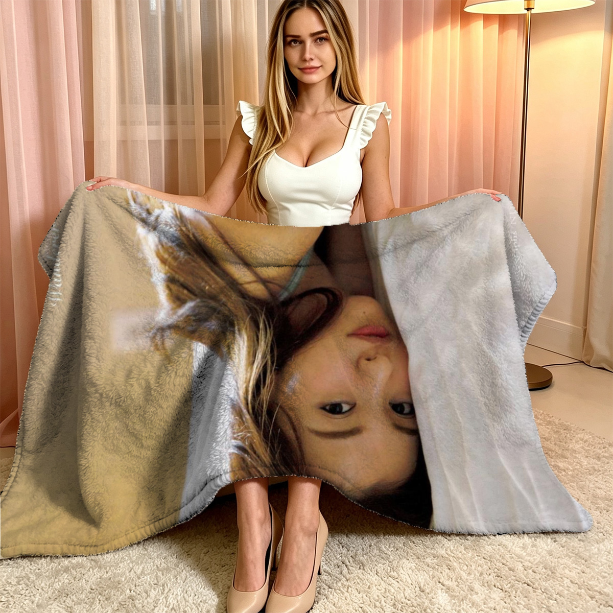 Nude Brunette in Sheer Robe Posing in Modern Living Room - Blanket
