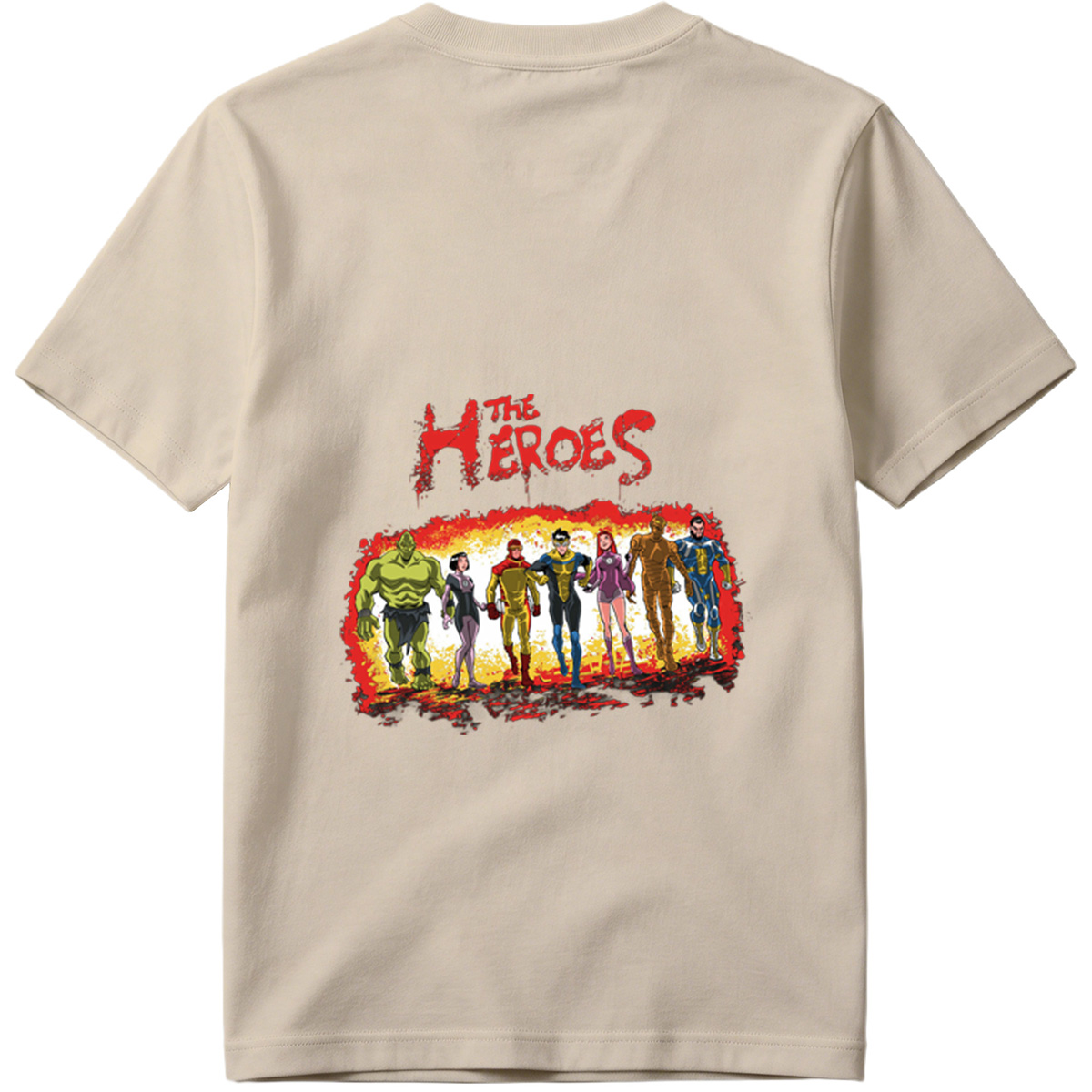 The Heroes: Green Hulk, Black Widow, Red Ranger, Blue Avenger, Pink Warrior, Golden Titan, and Blue Sentinel - Tee