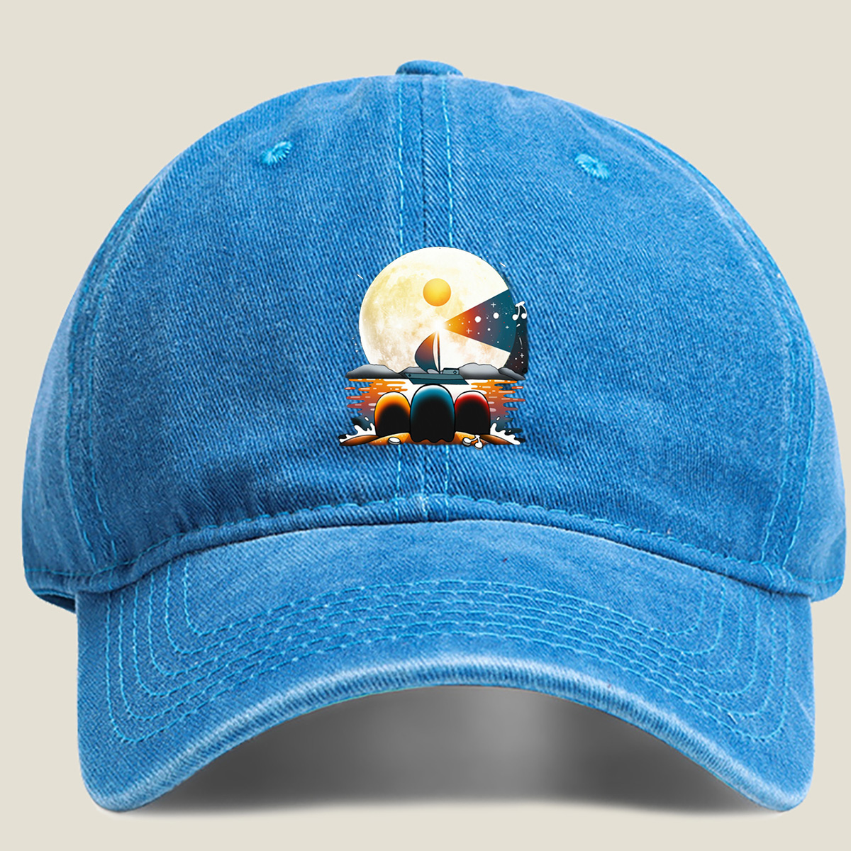 Sailboat Under the Moonlight with Musical Notes - Washed Denim - Baseball Cap