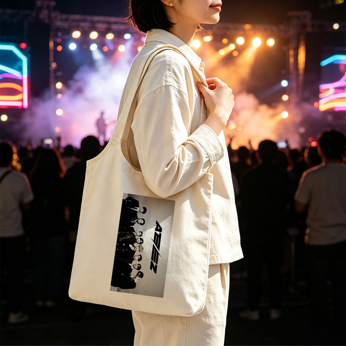 SEVENTEEN in Formal Attire Standing in a Line with Bold Logo on Gray Background - Canvas shoulder bags/