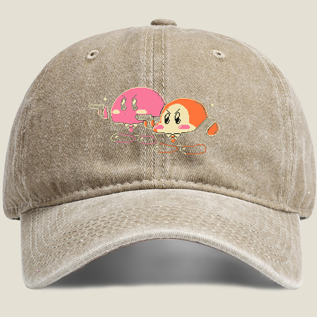 Kirby and Waddle Dee in Pixel Art Style - Washed Denim - Baseball Cap