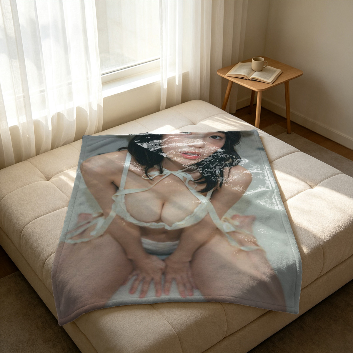 Blonde beauty in teal green lace lingerie posing seductively on bed. - Blanket
