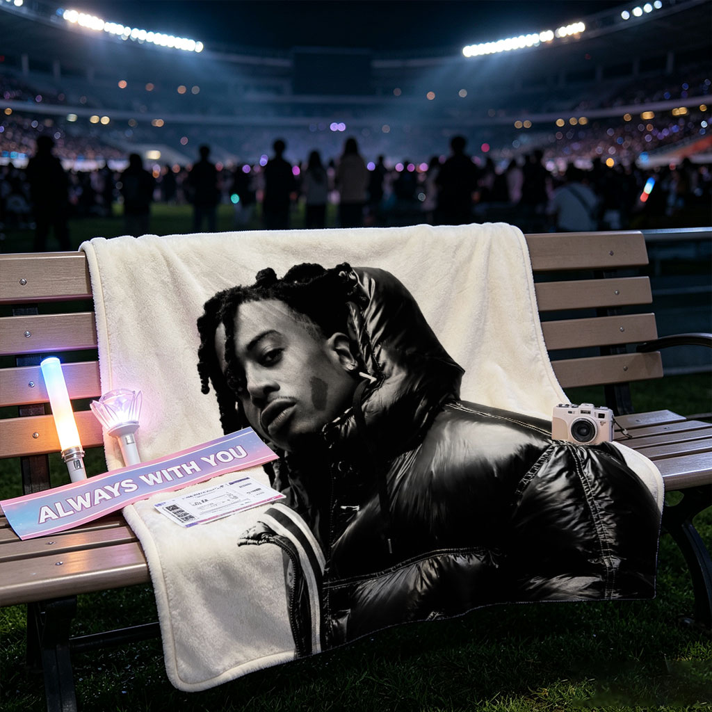 Lil Durk in a Bold Black Puffer Jacket Against a Stark White Background - Blankets