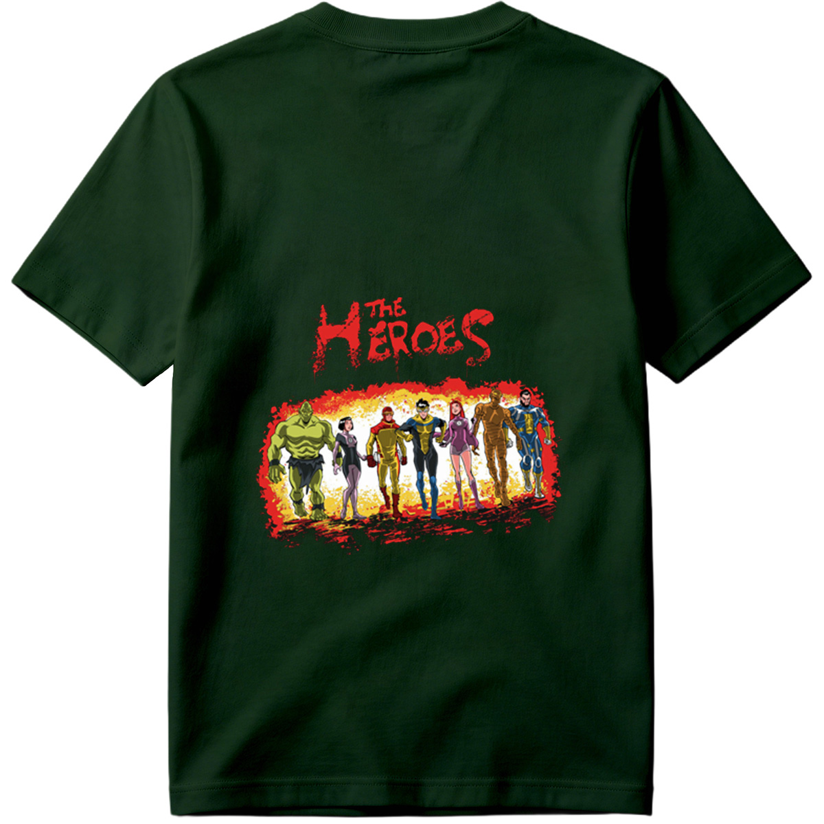 The Heroes: Green Hulk, Black Widow, Red Ranger, Blue Avenger, Pink Warrior, Golden Titan, and Blue Sentinel - Tee