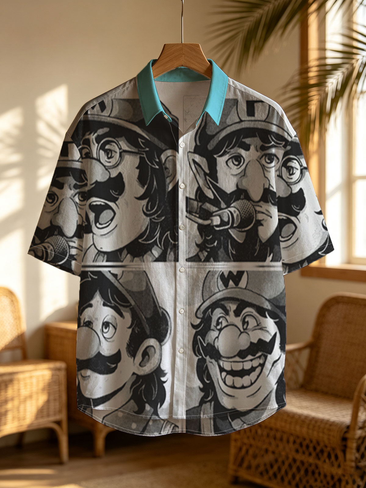 Mario, Luigi, Wario, and Waluigi in a comic-style black-and-white panel featuring expressive faces and microphones. -  Shirt