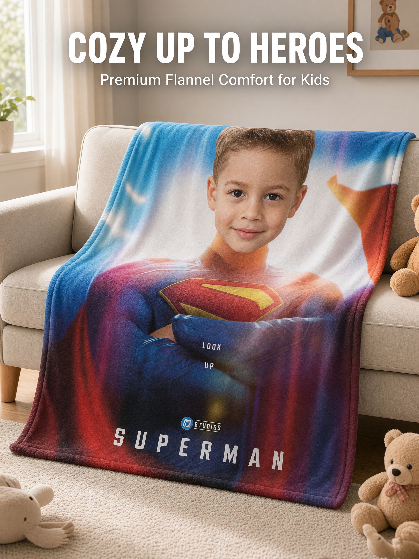 Personalized Custom Face Photo Flannel Fleece Blanket Ultra Soft Superhero Portrait Throw for Kids and Family