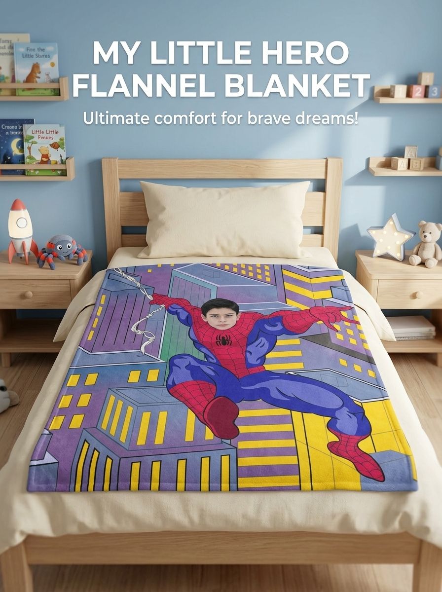 Personalized Superhero Photo Blanket Custom Face Soft Flannel Throw Cozy Birthday Gift for Kids and Superhero Fans