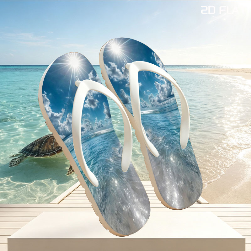 Sunlit Beach with Crystal Clear Waters and Fluffy Clouds -  flip-flops
