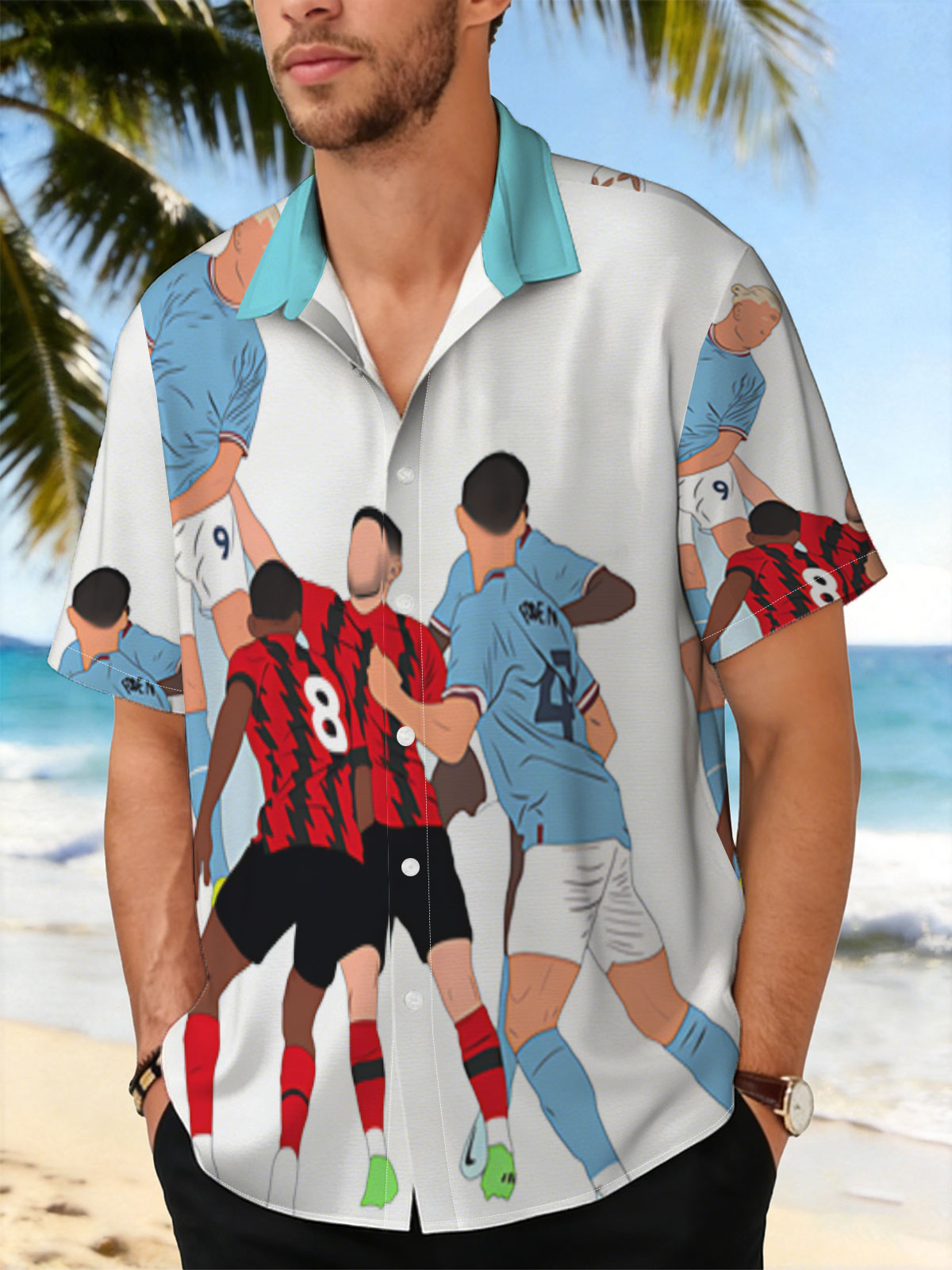 Soccer Players in Action: Blue vs Red Team Duel for Header -  Shirt