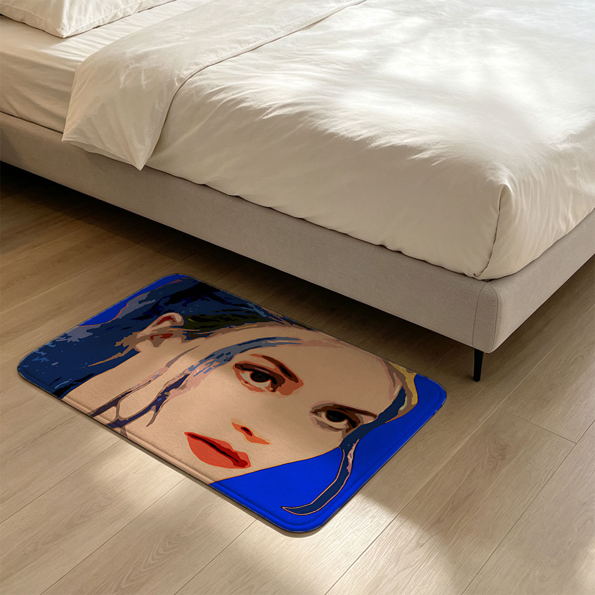 Portrait of a Woman with Blue Hair and Bold Colors - Flannel floor mat