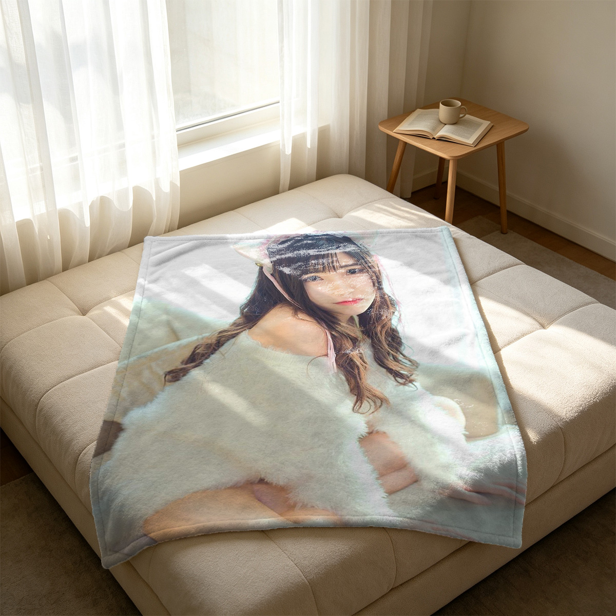 Nana Saotome in black polka dot lingerie and cat ears lying on white couch - Blanket